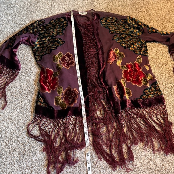 TAN Silk Blend Floral Peacock Fringe Kimono - O/S - Picture 7 of 7